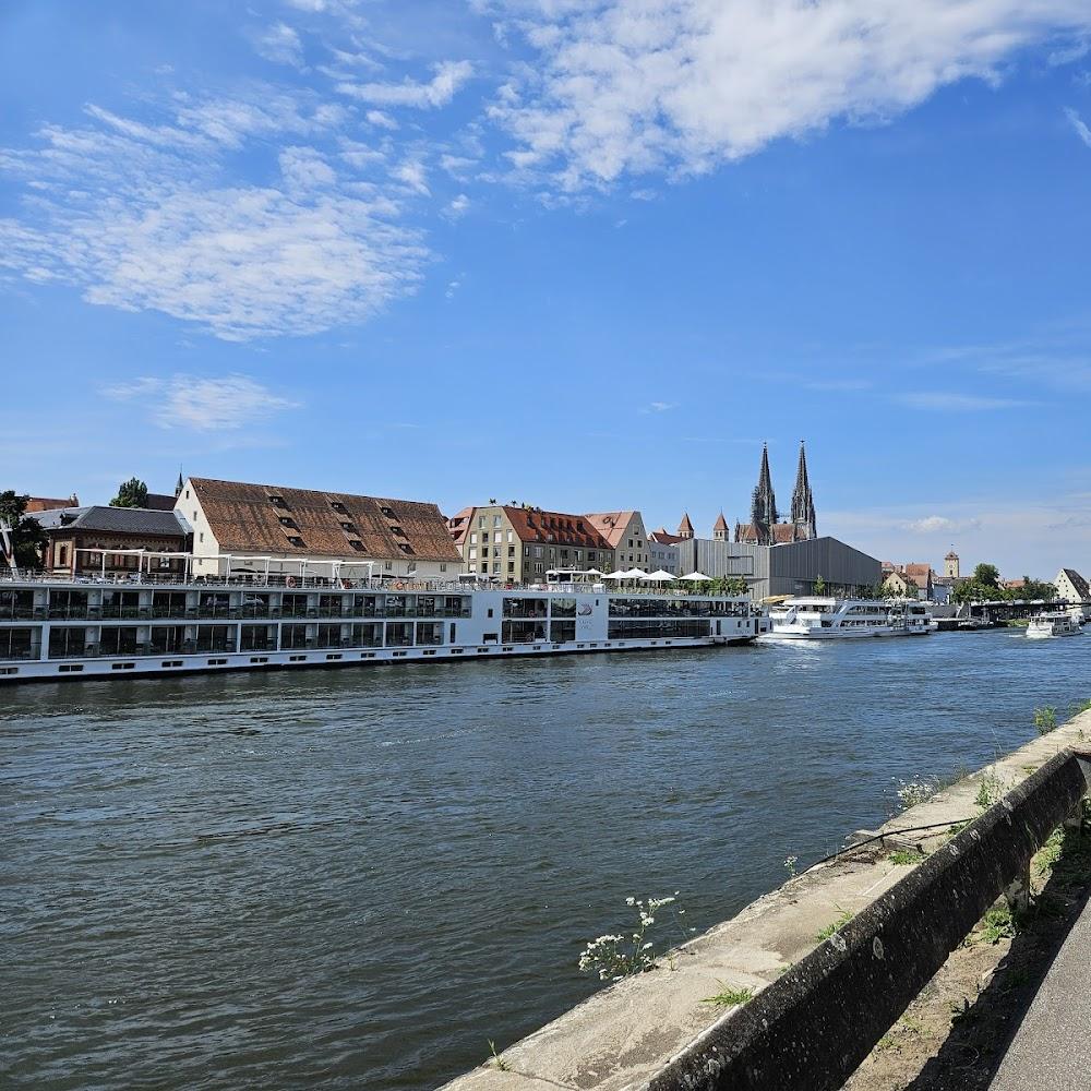 River cruise ship, Regensburg Cathedral, river.